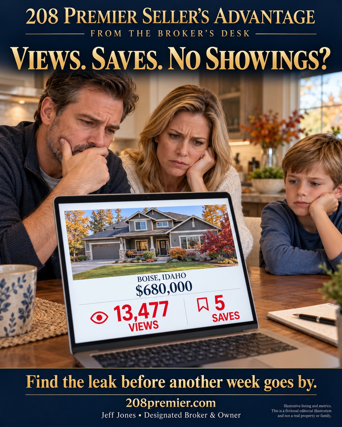 Illustrative family reviewing a Boise home listed at $680,000 with 13,477 views and 5 saves